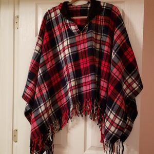 Red and navy plaid poncho.